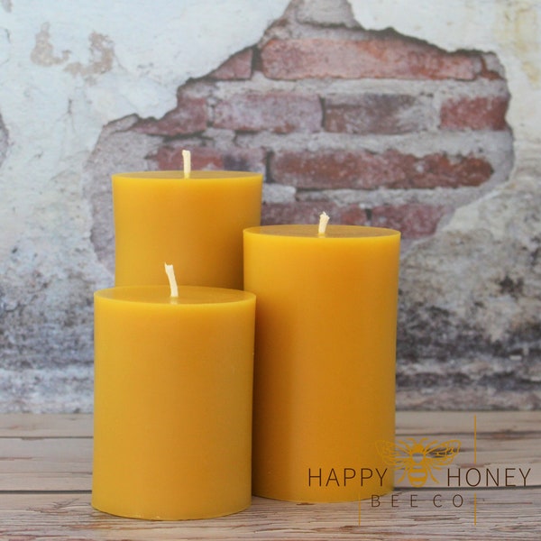 Beeswax Tall Pillar Candle Set of 3 Natural Pure Ohio Beeswax, Hygge Mantle Center Piece Cylinder Tapered Pillar Candles, 3 Large Sizes