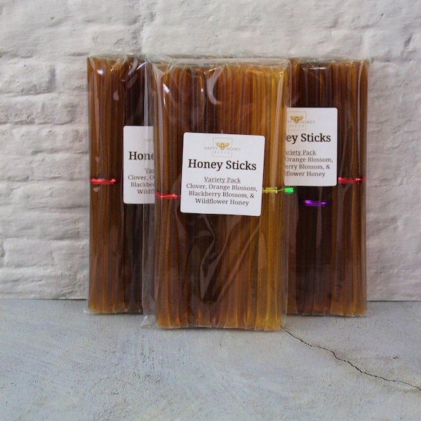 Honey Stick Variety Pack - 40 bâtonnets de miel brut pur naturel en déplacement - Faveurs de mariage au miel - Faveurs d’anniversaire d’abeille ou de baby shower