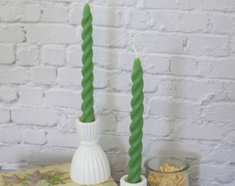 Green Twisted Taper Beeswax Candles, Set of 2 Handcrafted 7 Inch Long Green Contemporary Beeswax Twisted Taper Decorative Candlesticks
