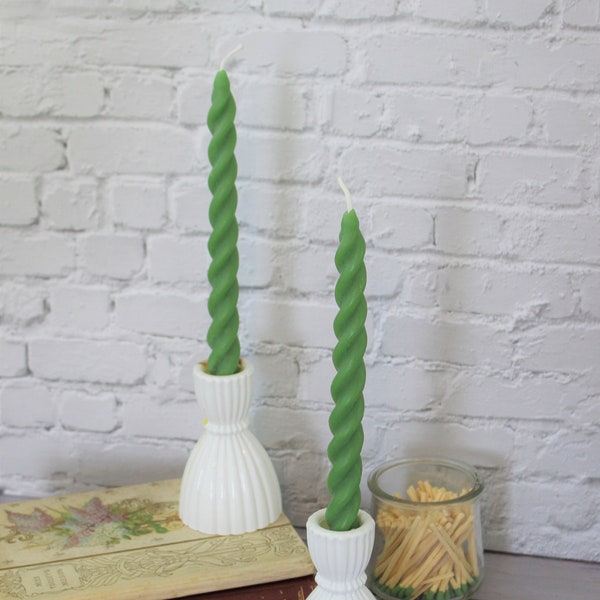 Green Twisted Taper Beeswax Candles, Set of 2 Handcrafted 7 Inch Long Green Contemporary Beeswax Twisted Taper Decorative Candlesticks