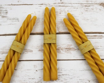 Beeswax Twisted Taper Candles, Two Slender Handcrafted 7.5 Long Natural Beeswax Candles, Handmade Pure Beeswax Natural Candle