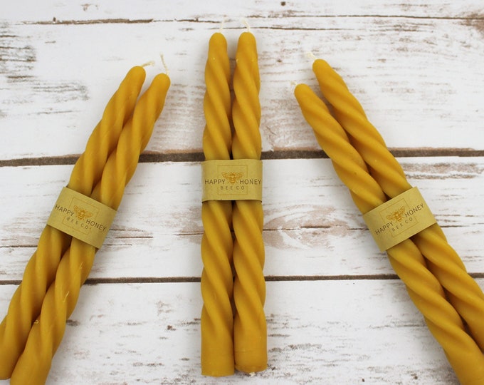 Beeswax Twisted Taper Candles, Two Slender Handcrafted 7.5 Long Natural