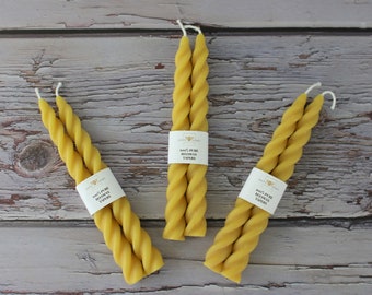 Twisted Taper Beeswax Candles, Set of 2 Handcrafted 7 Inches Long Natural Golden Yellow Beeswax Twisted Taper Decorative Candles