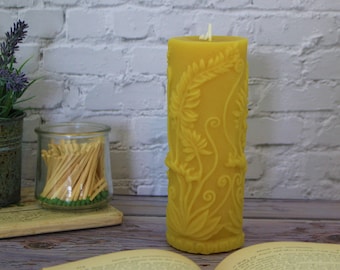 Beeswax Pillar Candle - Fern 16 oz Natural Beeswax Pillar Candle | Homemade Hand Poured Decorative Romantic Meditation Candle