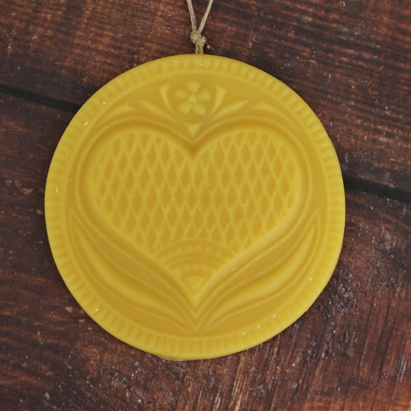 Primitive Heart Door Hanger German Springerle Beeswax Handmade Folk Art Heart Ornament, 100% Pure Natural Beeswax Housewarming Gift