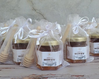 24 - 2 oz Mini Honey Favors with Wooden Dipper in a White Organza Bag - For Wedding or Bridal Shower Favors - Bee Baby Shower Guest Favors