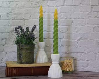 Green Twisted Taper Beeswax Candles, Set of 2 Handcrafted 7 Inches Long Natural Golden Yellow & Green Candle Hand Dipped in Green Beeswax
