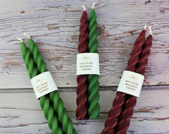 Twisted Taper Beeswax Candles, Set of 2 Handcrafted 7 Inches Long Burgundy Red & Green Beeswax Twisted Taper Decorative Holiday Candles