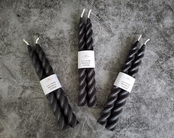 3 Sets Black Twisted Taper Beeswax Candles, 3 Sets of 2 Handcrafted 7 Inches Long Black Died Beeswax Twisted Taper Candles