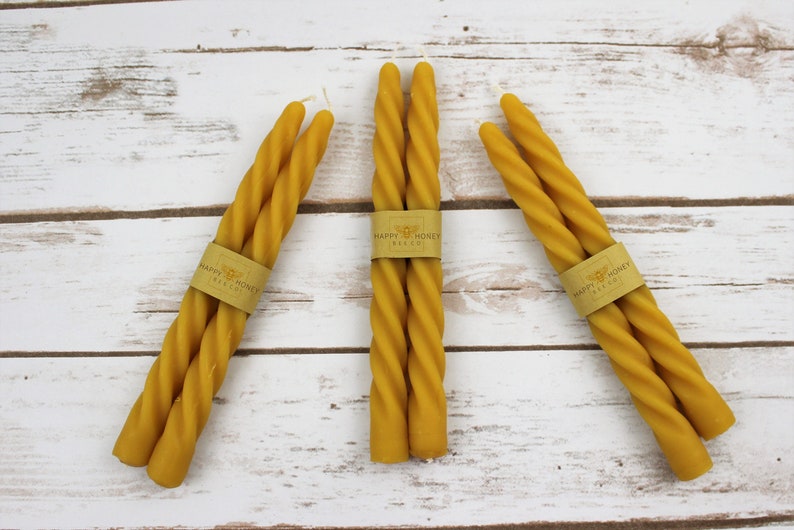 Beeswax Twisted Taper Candles, Two Slender Handcrafted 7.5 Long Natural Beeswax Candles, Handmade Pure Beeswax Natural Candle image 1