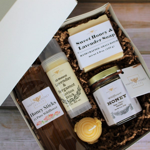 Honey Gift Basket Set from the Hive - Ohio Honey Variety Gift Box Package - Honey Honey Sticks Beeswax Candle Soap & Lotion Stick, Self Gift