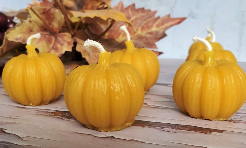 Pumpkin Beeswax Small Votive Candles, Handcrafted Handmade Natural Beeswax Set of 4 6 8 Autumn Fall Thanksgiving Centerpiece Candles image 5