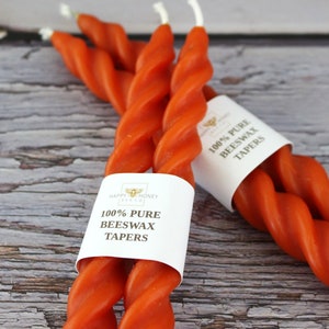 Orange Twisted Taper Beeswax Candles, Set of 2 Handcrafted 7 Inches Long Orange Died Beeswax Taper Spooky Fall Halloween Decorative Candles