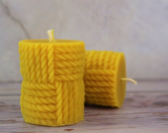 Beeswax Pillar Candle, Rope Pure 100% Beeswax Handcrafted Natural Candle, Nautical Beach House Decorative Decor, Cable Knit Pillar Candle