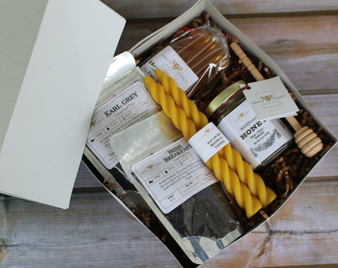 Tea + Honey Lovers Gift Box - Ohio Honey & Tea Variety Gift Package with Honey Wood Dipper Honey Sticks Beeswax Candle and Loose Leaf Tea