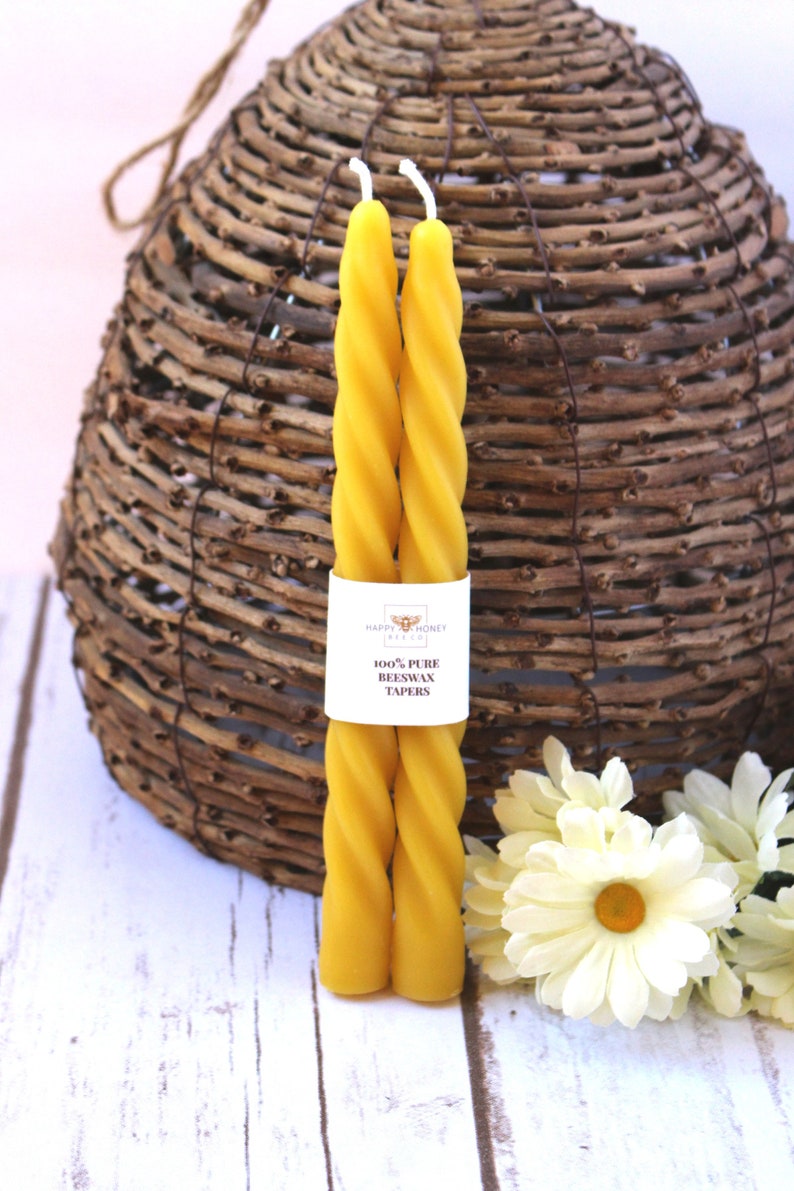 Beeswax Twisted Taper Candles, Two Slender Handcrafted 7.5 Long Natural Beeswax Candles, Handmade Pure Beeswax Natural Candle image 2