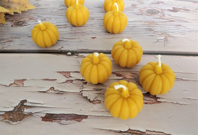 Pumpkin Beeswax Small Votive Candles, Handcrafted Handmade Natural Beeswax Set of 4 6 8 Autumn Fall Thanksgiving Centerpiece Candles image 7