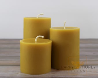 Beeswax Pillar Candle Set of 3 Natural Scented Pure Ohio Beeswax, Hygge Mantle or Center Piece Cylinder Tapered Pillar Candles