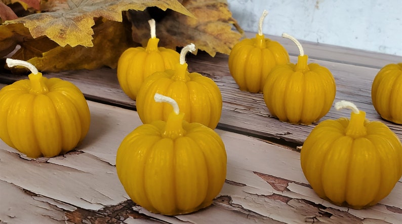 Pumpkin Beeswax Small Votive Candles, Handcrafted Handmade Natural Beeswax Set of 4 6 8 Autumn Fall Thanksgiving Centerpiece Candles image 1