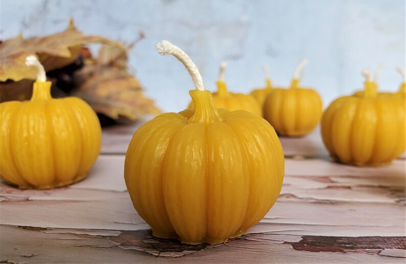 Pumpkin Beeswax Small Votive Candles, Handcrafted Handmade Natural Beeswax Set of 4 6 8 Autumn Fall Thanksgiving Centerpiece Candles image 8