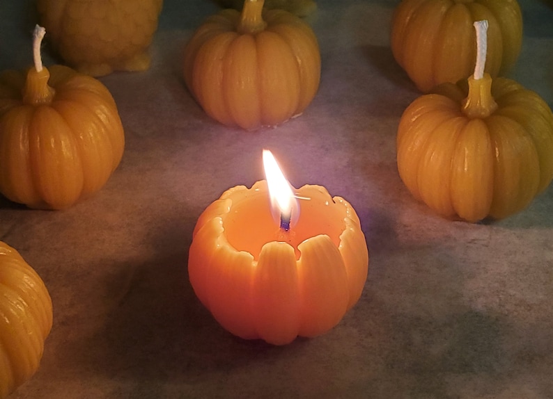 Pumpkin Beeswax Small Votive Candles, Handcrafted Handmade Natural Beeswax Set of 4 6 8 Autumn Fall Thanksgiving Centerpiece Candles image 2