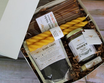 Honey + Tea Lovers Gift Box - Ohio Honey Gift Variety Gift Package - Honey and Honey Sticks with Candle and Loose Leaf Tea - Self Gift