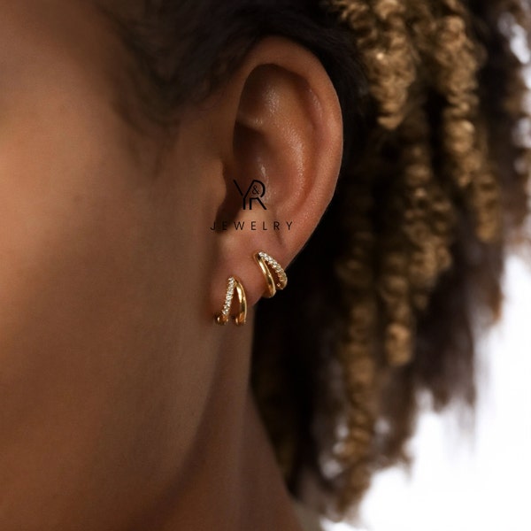 Moissanite Huggie Hoop Earrings, Diamond Huggie Earrings, Moissanite Double Hoop Earrings, Gold Silver Diamond Earrings, Bride Earrings