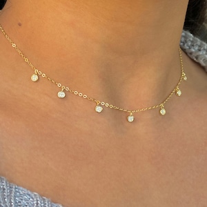 Tiny Diamond Necklace, Dainty Dangle Necklace, Gold Circle Dangle Choker, Charm Necklace, Trendy Choker Necklace, Charm Choker