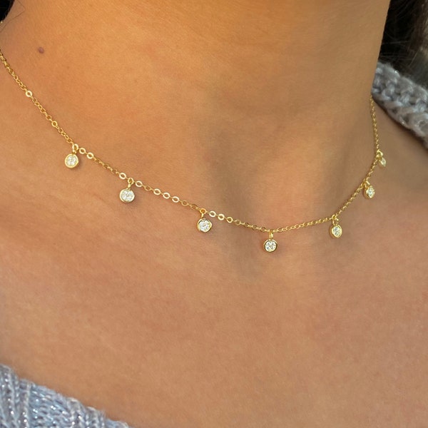 Tiny Diamond Necklace, Dainty Dangle Necklace, Gold Circle Dangle Choker, Charm Necklace, Trendy Choker Necklace, Charm Choker