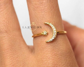 Gold Star Ring, Moon Ring, Moon and Star Ring, Minimalist Celestial Ring, Half Moon Ring, Celestial Jewelry, Cubic Zirconia Adjustable Ring