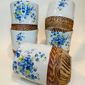 Hand-Carved Ceramic Cup with Thumb dent, White Glaze &  Floral Decal