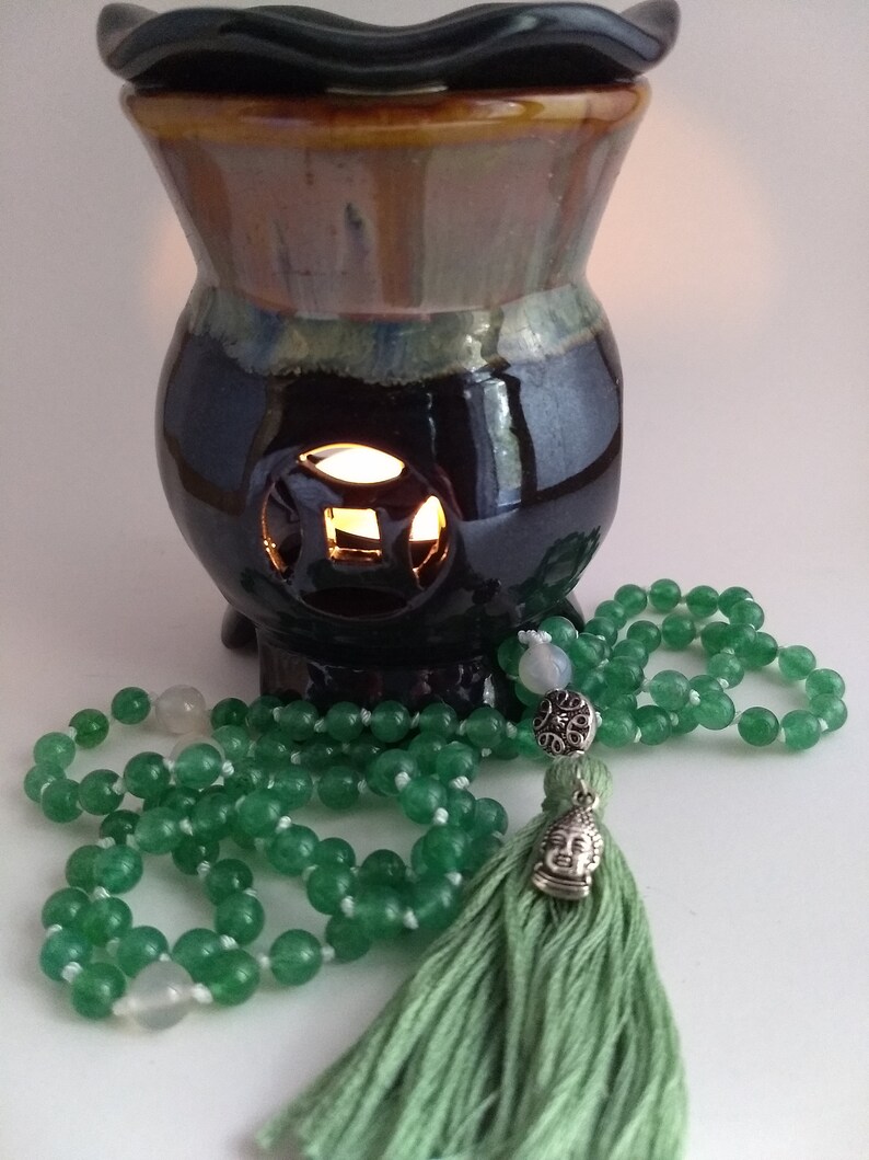 Light Green Aventurine japa mala 108 hand-knotted bead boho yoga tassel necklace with buddha charm