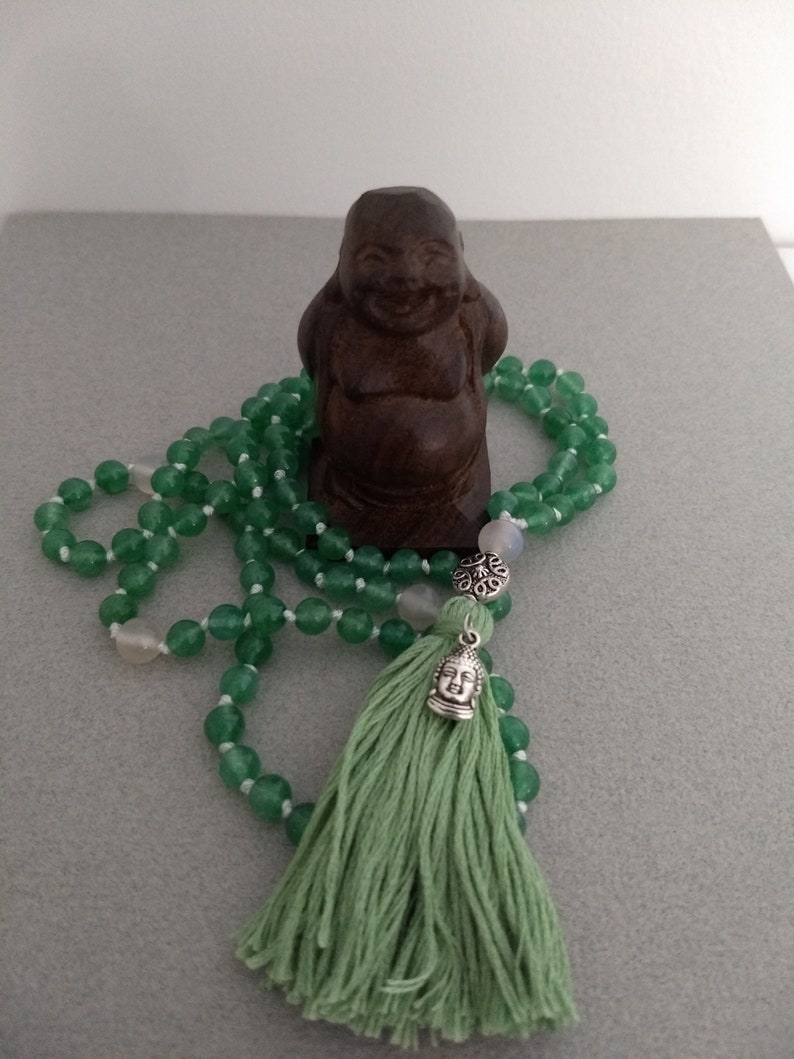 Light Green Aventurine japa mala 108 hand-knotted bead boho yoga tassel necklace with buddha charm