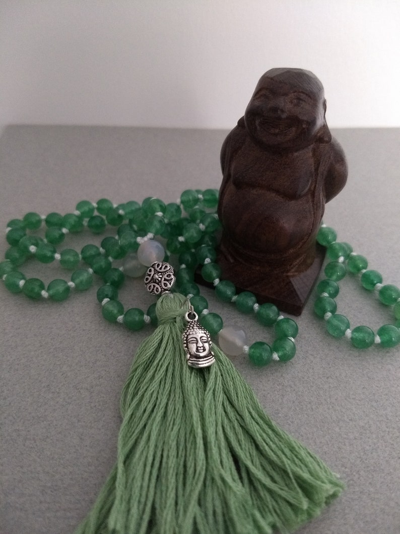 Light Green Aventurine japa mala 108 hand-knotted bead boho yoga tassel necklace with buddha charm