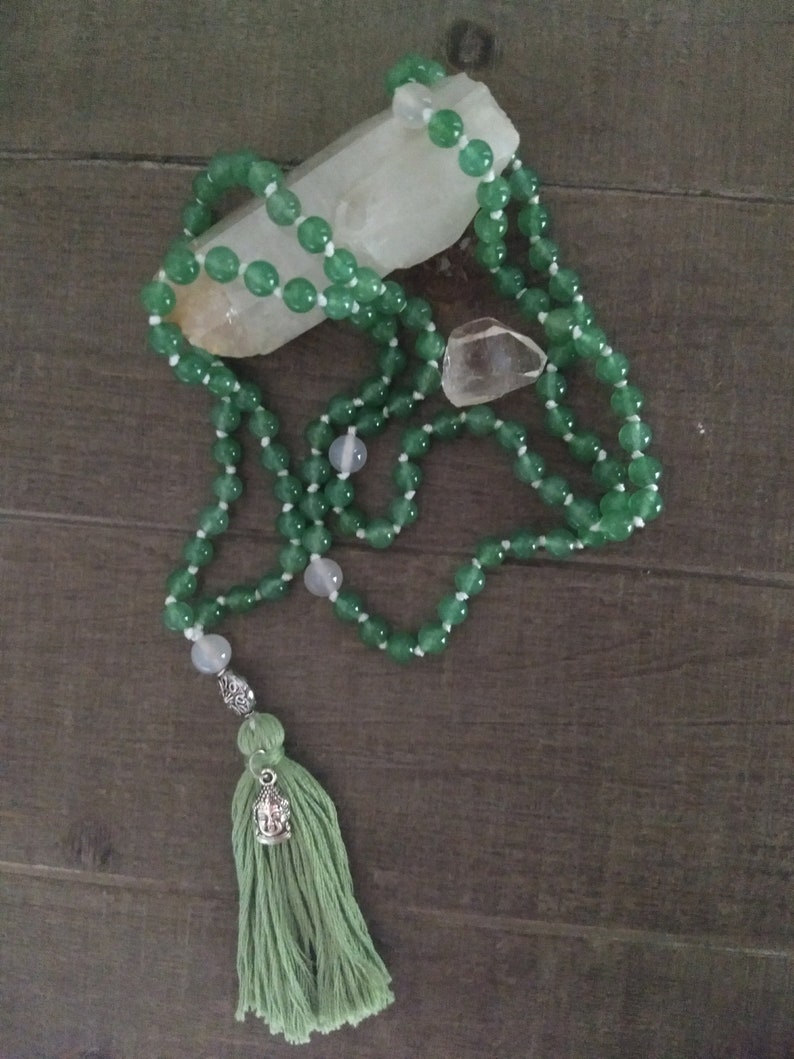 Light Green Aventurine japa mala 108 hand-knotted bead boho yoga tassel necklace with buddha charm