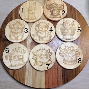 Natural wood highland cow coasters