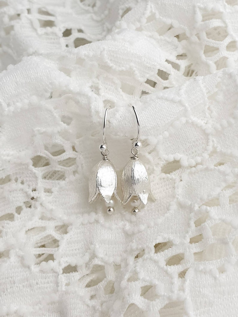 Lily of the Valley earrings in 925 sterling silver and freshwater pearl by Maj Stougaard, Gift for her image 2