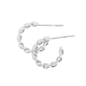 May include: Silver twisted hoop earrings. The earrings are small and delicate, with a simple design.