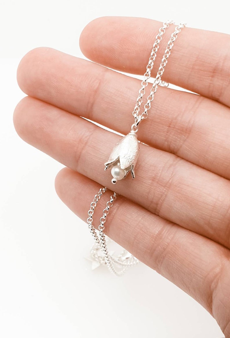 Delicate Lily of the Valley blossom Necklace 925 sterling silver and freshwater pearl by MAj Stougaard, Gift for her image 3