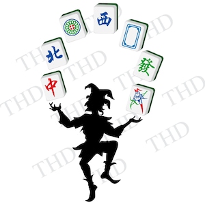 May include: A black silhouette of a jester juggling six white mahjong tiles with green, red, and blue Chinese characters. The tiles are in the air around the jester.