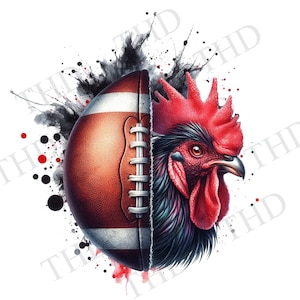May include: A brown and white football with a rooster's head emerging from the side. The rooster has a red comb and wattle, and black feathers. The background is a white canvas with black and red splatters.
