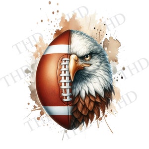 May include: A watercolor illustration of a bald eagle with a football helmet. The eagle's head is facing the right side of the image. The football helmet is brown and white with a white stripe down the middle. The background is a watercolor wash of brown and white.