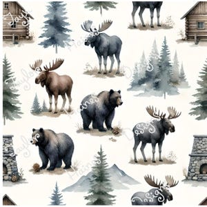 May include: A seamless pattern featuring watercolor illustrations of moose, black bears, pine trees, log cabins, and stone fireplaces on a cream background. The repeating design includes wildlife and forest elements in shades of brown, gray, and green.