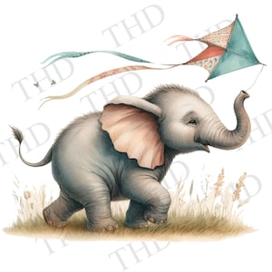 Animal de pépinière, éléphant volant un cerf-volant PNG, bébé animaux de la jungle Clipart pour sublimation/presse à chaleur