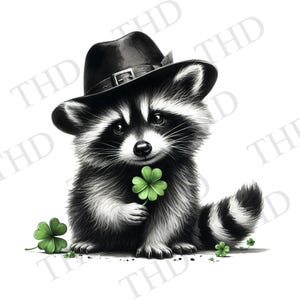 Raton laveur de la Saint-Patrick, clipart téléchargeable JPG/PNG trèfle, pour sublimation/presse à chaud, modèles pour t-shirts, chapeau, sacs, tasses