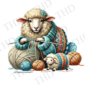 Schaf stricken, häkeln Wolle Pullover JPG / PNG herunterladbare Clipart, Bilddesign für T-Shirts, Tassen, Hüte, Tragetaschen, Karten
