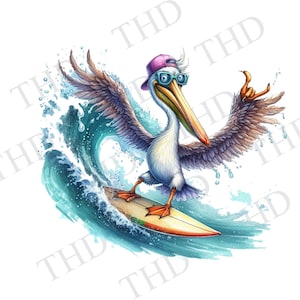 Divertente Pellicano surfista, spiaggia Clipart Immagine scaricabile per trasferimento termico png/clipart