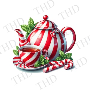 May include: A red and white striped teapot and teacup with a candy cane and mint leaves. The teapot and teacup have a candy cane design.
