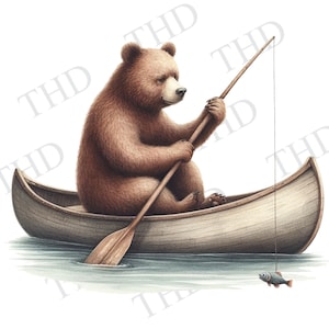 Animal de chambre d'enfant, PNG de pêche d'ours, clipart bébé animaux de la jungle pour sublimation/presse à chaud