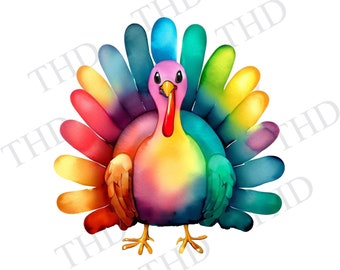May include: A watercolour painting of a rainbow turkey with a colourful tail. The turkey is standing on a white background.